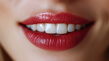 Obraz premium Female lips close-up cosmetology treatment results, lip augmentation, perfect teeth, beauty & confidence.