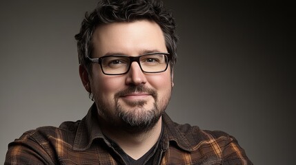 Obraz premium A happy man stands with arms crossed over a grey background, smiling at the camera. He strikes a confident pose with a casual expression, showcasing a professional and clean studio portrait.