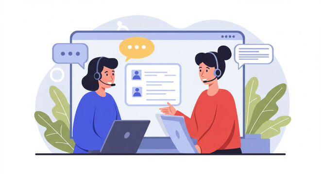 Customer service and support, a friendly customer service representative assisting a customer online, focus on customer satisfaction and helpfulness, bright and positive style, flat illustration