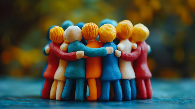 Colorful plasticine figures hugging in a group.