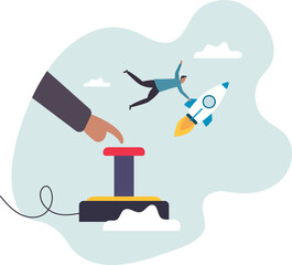 Launch startup rocket, start new business, boost rocket speed to success, begin entrepreneur company takeoff, fast growth corporate concept,character for design