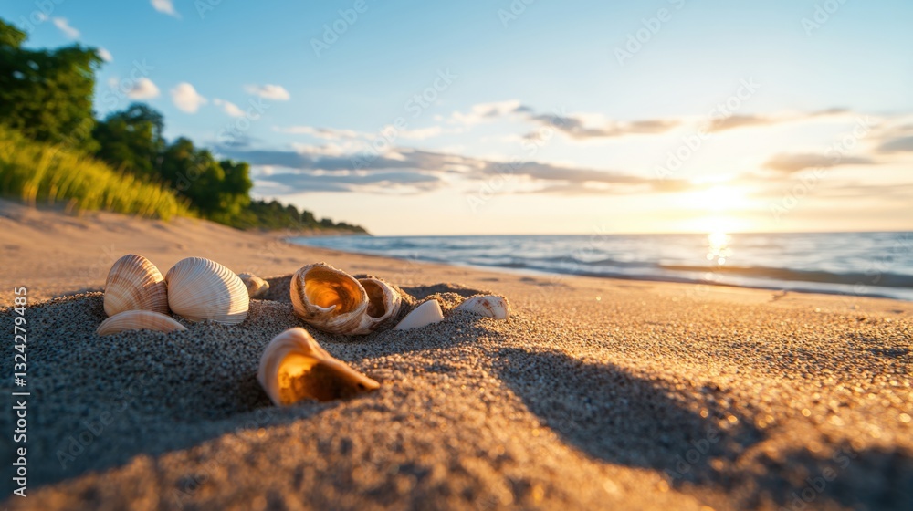 Poster close-up of beautiful shells resting on the beach sand with the ocean waves gently crashing in the b