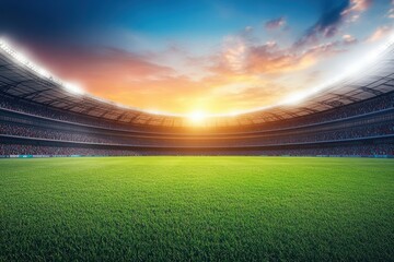 Cricket stadium lights shining at sunset with crowds cheering