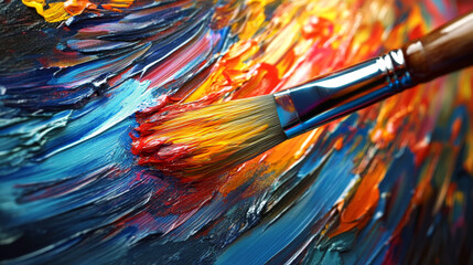 Obraz premium Close-up of paintbrush with vibrant yellow, red, and blue paint strokes