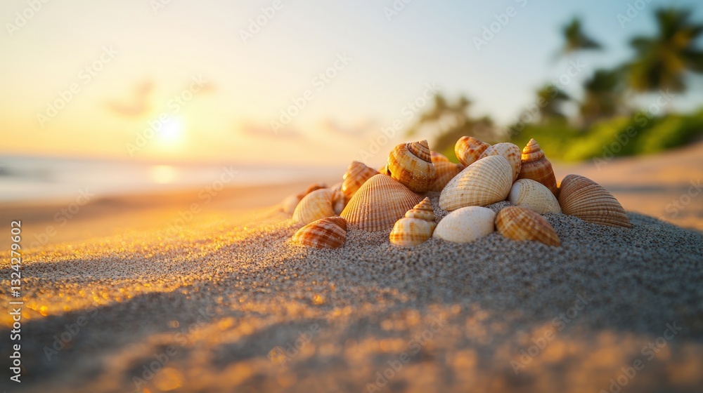 Poster a scenic view of colorful shells on the beach sand with gentle ocean waves creating a relaxing coast
