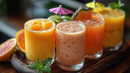Refreshing tropical cocktails with vibrant colors served in glasses adorned with fruits and umbrellas at a summer gathering