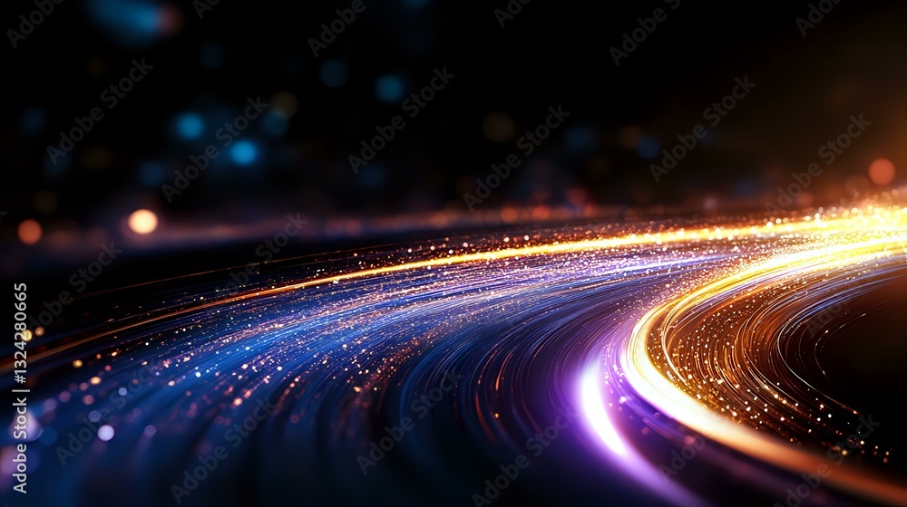 Poster glowing curved light trails with sparkles and bokeh effects on dark background create dynamic motion