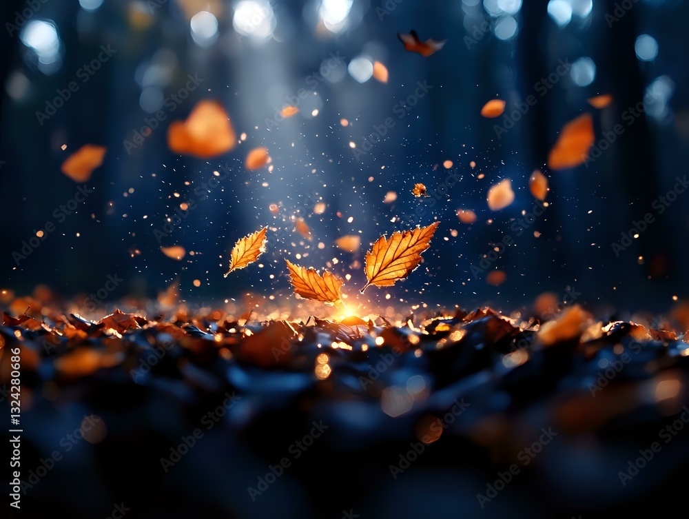 Aufkleber glowing autumn leaves dancing in dark forest with magical bokeh lights and sparkles, ground level vi