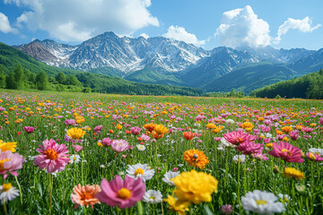 Fototapeta premium Field of flowers with mountains in the background. The flowers are a mix of pink, yellow, and white. The scene is peaceful and serene, with the mountains in the background adding a sense of grandeur