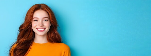 Young redhead woman with bright smile wearing orange t-shirt against blue background. Panoramic banner with copy space for advertising or text.