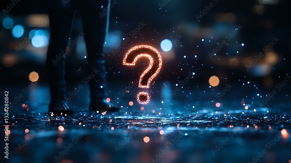 Poster glowing neon question mark floating above reflective surface with bokeh lights and water drops creat