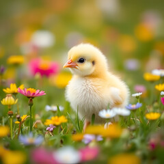 Cute chick in colorful meadow