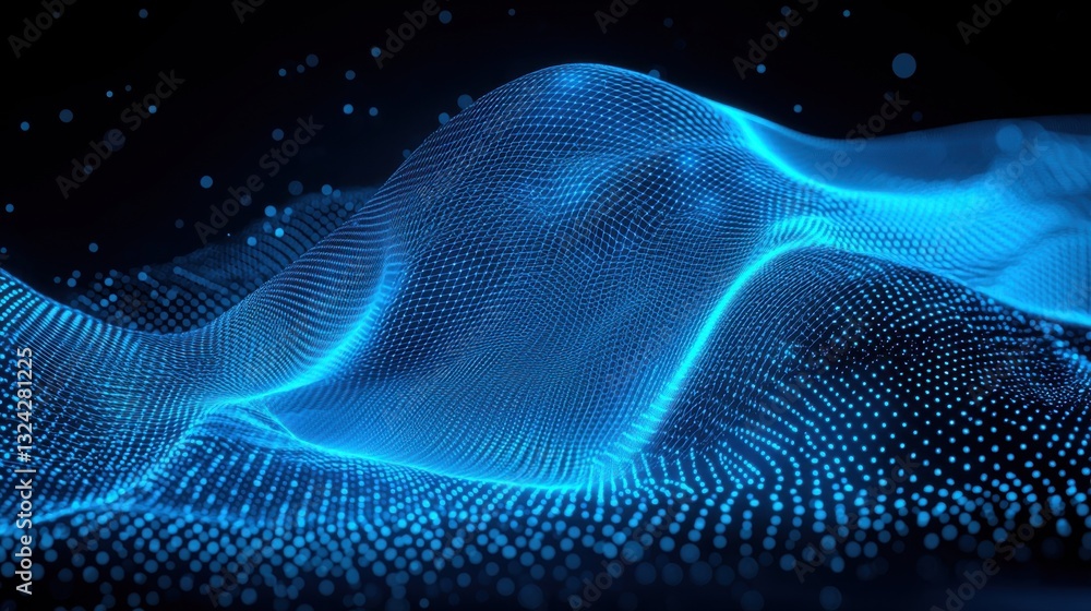 Poster mesmerizing digital landscape of flowing teal waves and luminous particles in a futuristic cosmic ba