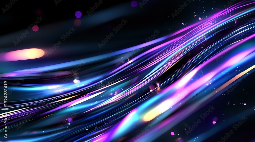 Poster glowing neon waves with purple and blue light streaks on black background, abstract dynamic flowing 