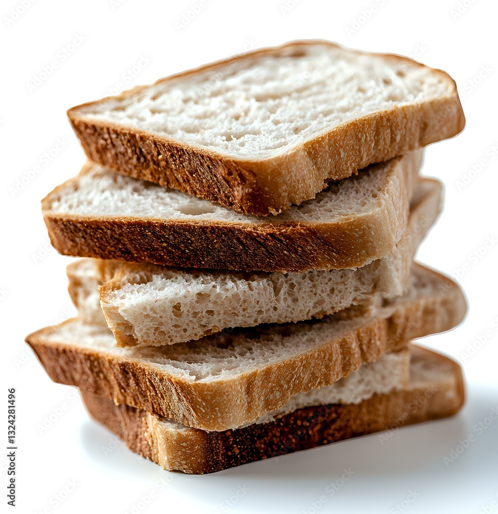 Poster stack of fresh white bread slices on white background, close up macro shot showing soft texture and 