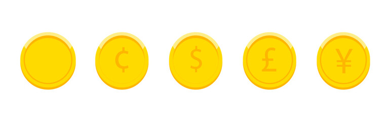 Illustrative depiction of coins representing diverse international currencies in bright golden tones showcasing global finance icons Minimalist and modern design