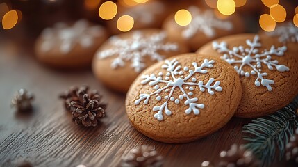 Fototapeta premium Golden bokeh lights illuminate a wooden table where delicious, spice-and-icing-decorated gingerbread cookies create a warm, festive Christmas atmosphere.