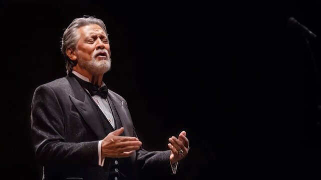 Renowned opera legend Placido Domingo performing passionately, showcasing powerful vocal artistry against stark black background during professional concert recital