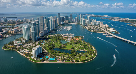 Miami Skyline Aerial View: Island Paradise, Turquoise Waters & Cityscape Majesty! A Stunning Panorama of Biscayne Bay & Brickell Key.