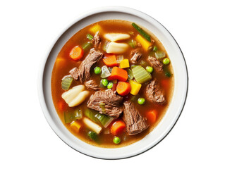 Delicious bowl of savory beef soup steaming hot with fresh vegetables and aromatic herbs garnishing the top isolated on a white background.