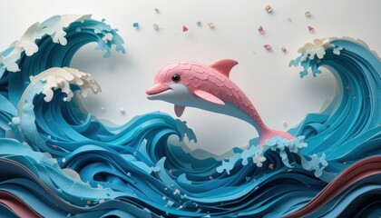 Fototapeta premium Pink Dolphin Leaping Ocean Waves Paper Art Craft Design