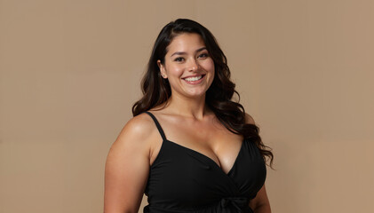 Naklejka premium Smiling woman in black top on beige background, portrait for blogs, websites, and articles about body positivity, self-esteem, and beauty standards, useful for diverse representation