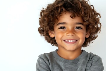 Cheerful mixed-race boy with curly brown hair and bright smile wearing grey sweater against white background, portrait orientation for advertising and lifestyle design.
