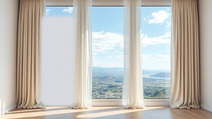 Obraz premium Floor-to-Ceiling Window Mockup with Drapery and Scenic View