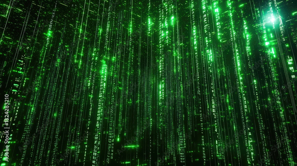 Poster green digital rain background with flowing binary code streams. futuristic tech scene perfect for di