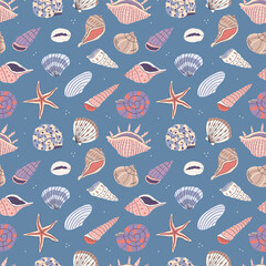 Seamless pattern with seashells on a blue background. Vector summer sea illustration background. Flat illustration.