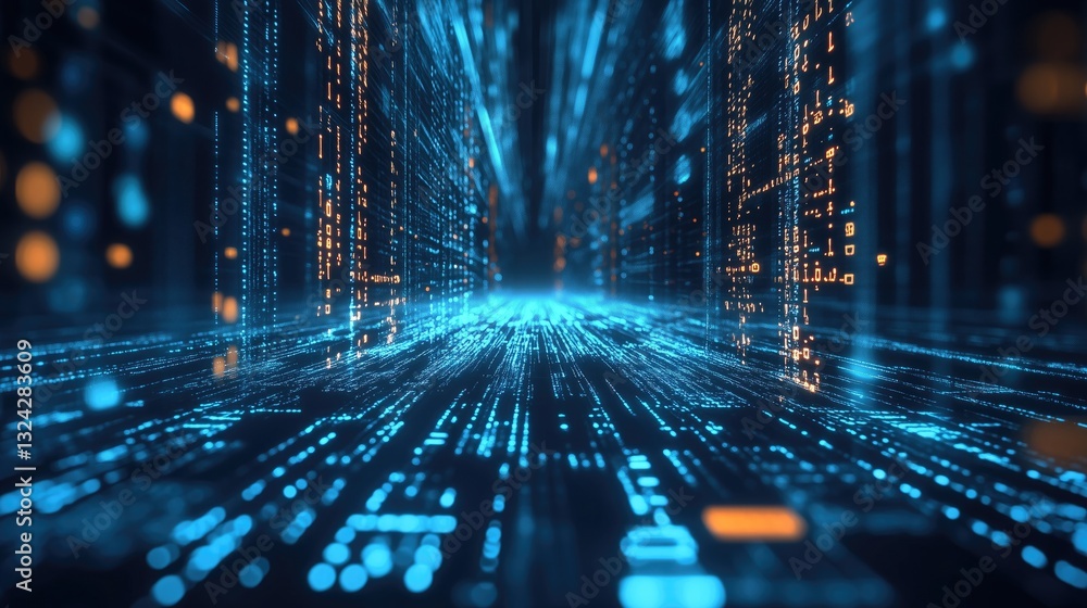 Poster blue and orange digital data flow tunnel with streaming binary codes. futuristic tech scene ideal fo