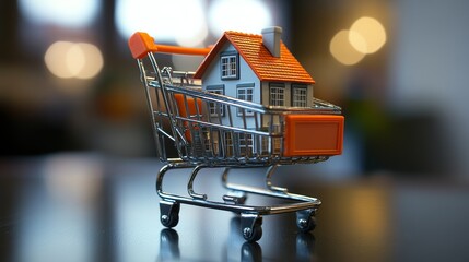 A miniature house in a shopping cart with a simple blurred background, symbolizing home modeling and real estate sales for high-end property marketing.