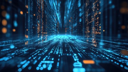 Blue and orange digital data flow tunnel with streaming binary codes. Futuristic tech scene ideal for wallpaper, digital decor, and cyber technology themes, showcasing data movement and virtual world 