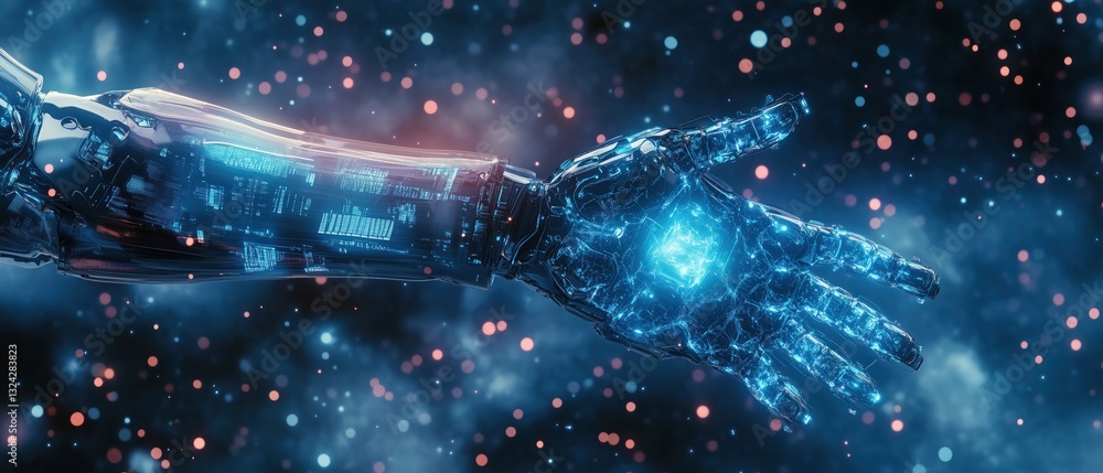 Poster advanced robotic arm with blue glowing circuits and digital patterns. futuristic tech scene ideal fo