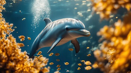 Fototapeta premium Gracefully swimming underwater, a dolphin is surrounded by small fish in the clear blue ocean this scene captures the beauty and serenity of marine wildlife.
