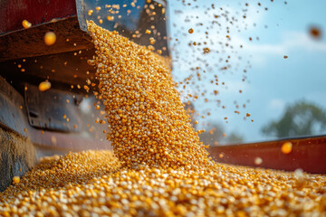 Pile of corn cascading down onto a conveyor belt amidst a bustling agricultural processing setting.