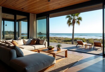 Fototapeta premium Modern Luxury on the Outer Banks: Experience Coastal Comfort in this Black Shingle Home with Ocean Views & a Cozy Couch Bed, Palm Trees Swaying in the Breeze.