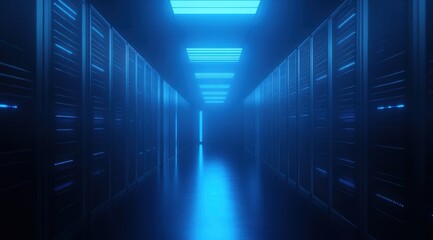 Dark blue, glowing server room with rows and rows of server racks in the center, glowing lights on top, a futuristic tech background. Digital technology, cloud storage and data processing concept.