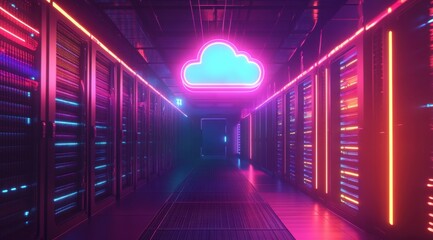 Сloud with neon light on server room background. Digital technology, cloud storage and data processing concept.