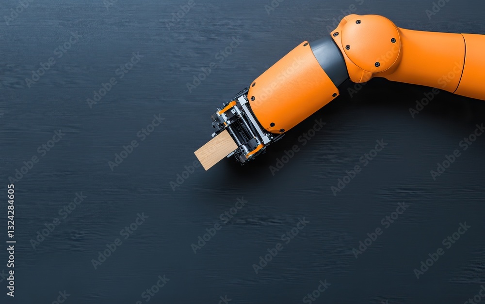 Aufkleber an industrial robotic arm with an orange finish is positioned above a dark surface, preparing to gra