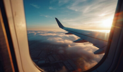 An early morning flight with the golden sunlight reflecting off the airplane wing, soaring above the clouds with a breathtaking city view below.