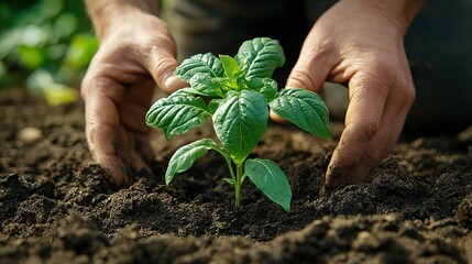 Growth, nurturing, and environmental care and sustainability commitment are represented by a close up of hands gently placing a young seedling into rich dark soil.