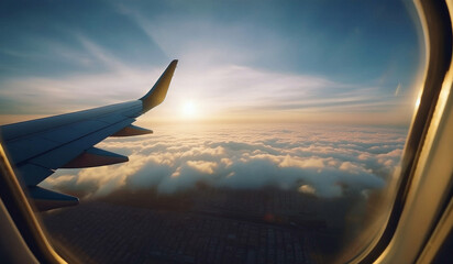 An early morning flight with the golden sunlight reflecting off the airplane wing, soaring above the clouds with a breathtaking city view below. The peaceful sky and warm glow.