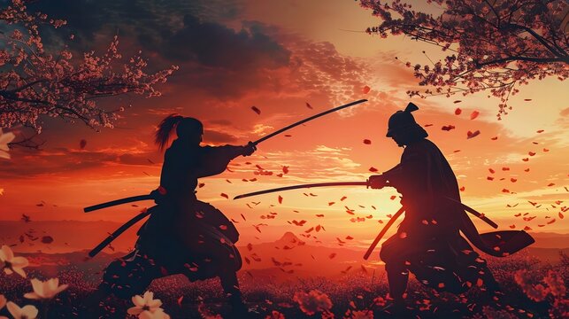 Asian Samurai Battle Ninja. Sword Fighting Martial Arts Cherry Blossom