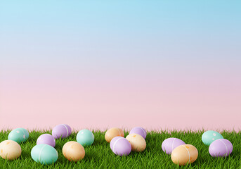 Fototapeta premium colorful easter eggs on grass with pastel background. blank copy space