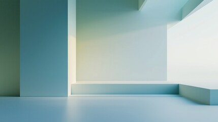 Obraz premium Modern minimalist interior space with geometric structures in soft blue-green tones. Clean and bright room design perfect for wallpaper, showcasing contemporary architectural aesthetics.