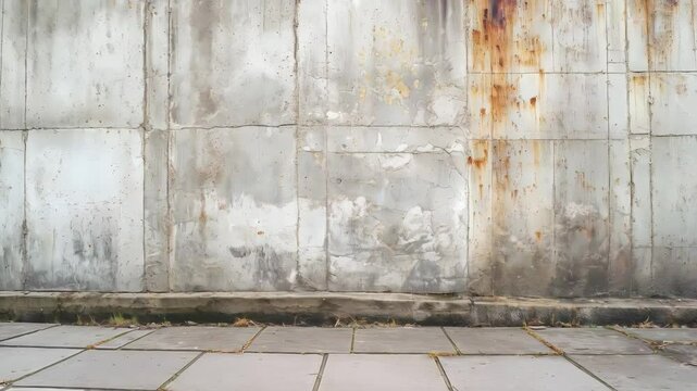 Cracked urban concrete walkway revealing rusty metal fragments, tenacious weeds breaking through structural fissures, symbolizing gradual architectural degradation