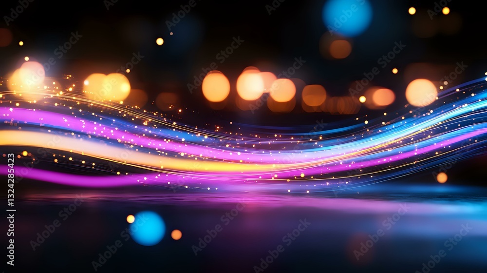 Poster glowing neon waves with sparkles and bokeh lights create dynamic motion against dark background, fea