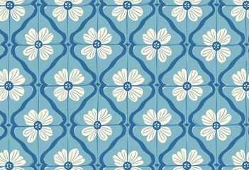 Blue Bloom on Sky: Imagine this Geometric Flower Pattern on Premium Fabrics & Stunning Wallpapers, A Simple Yet Striking Japanese-Inspired Design on a Light Blue Canvas.

