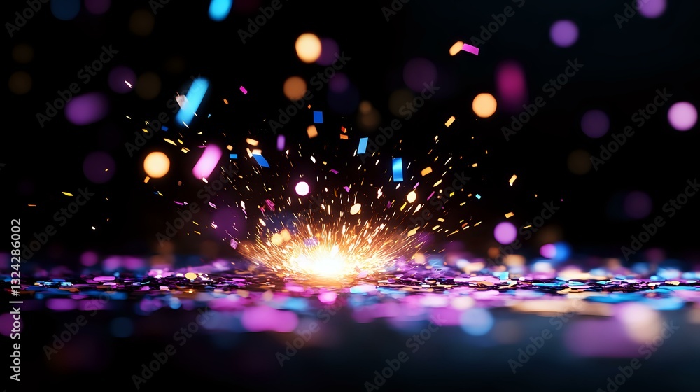 Poster bright spark explosion with colorful bokeh lights creating magical atmosphere against dark backgroun